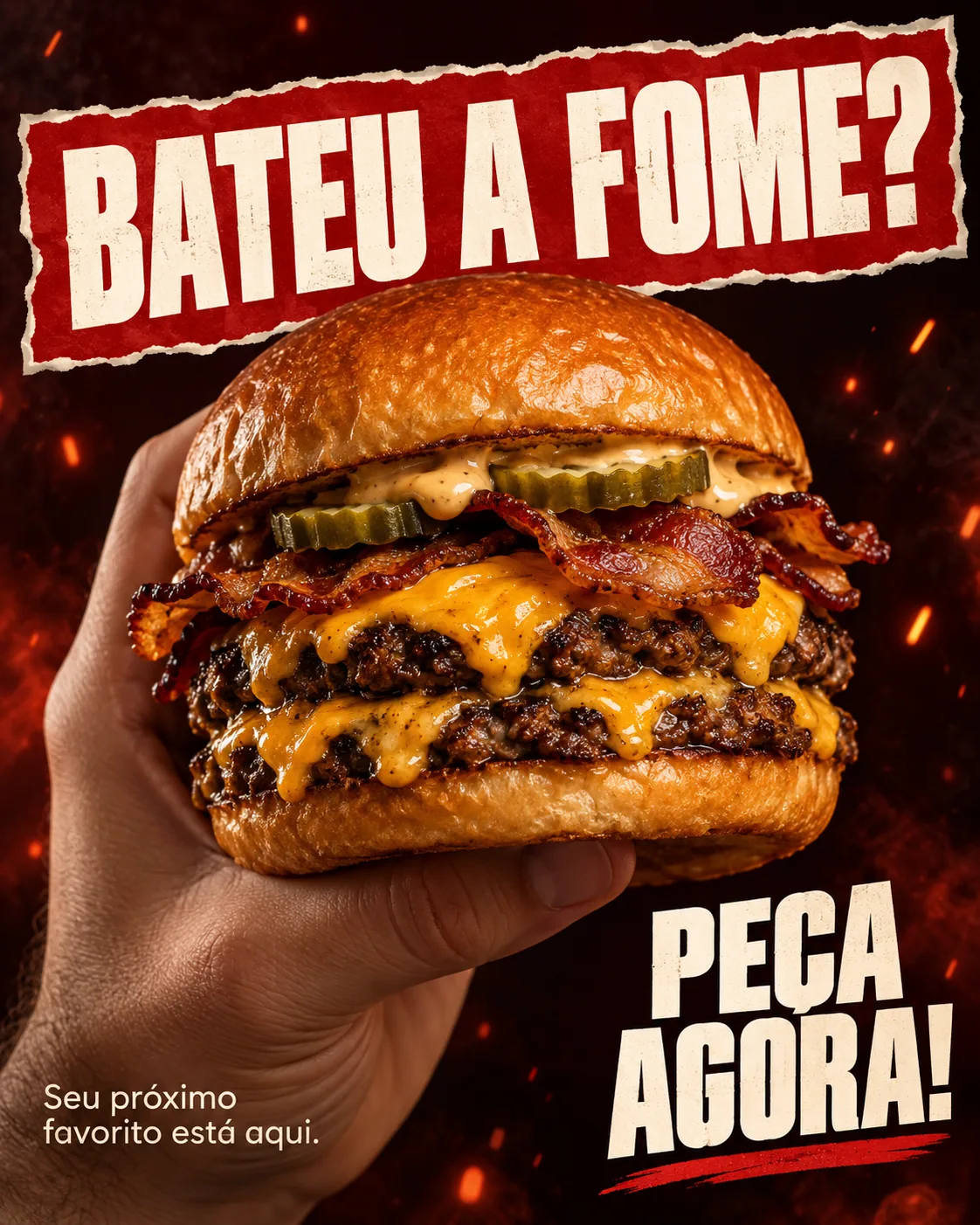 Bateu a fome? Uma mão segura um hambúrguer com bacon
