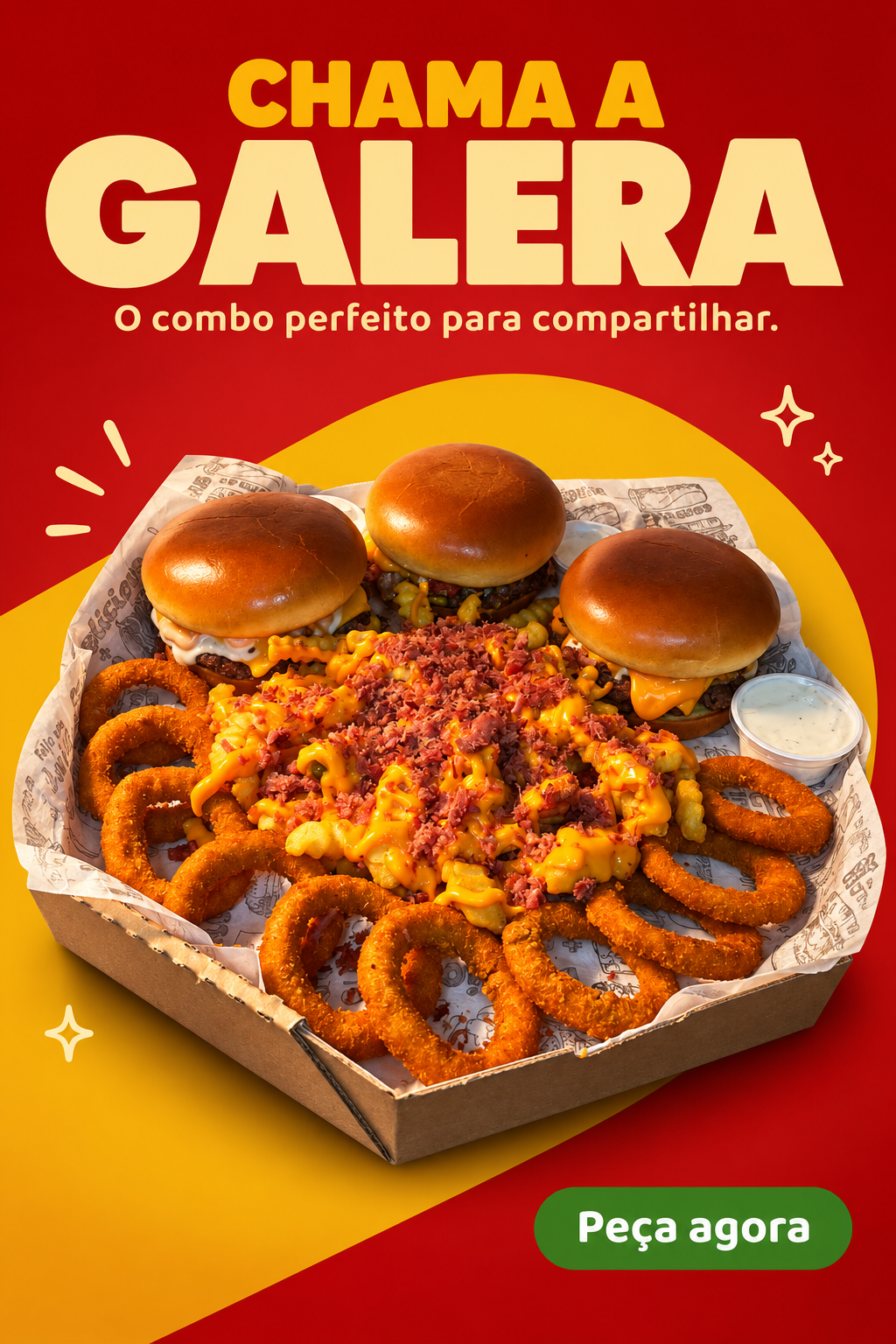 Anúncio vermelho e amarelo de caixa de lanches Chama a galera
