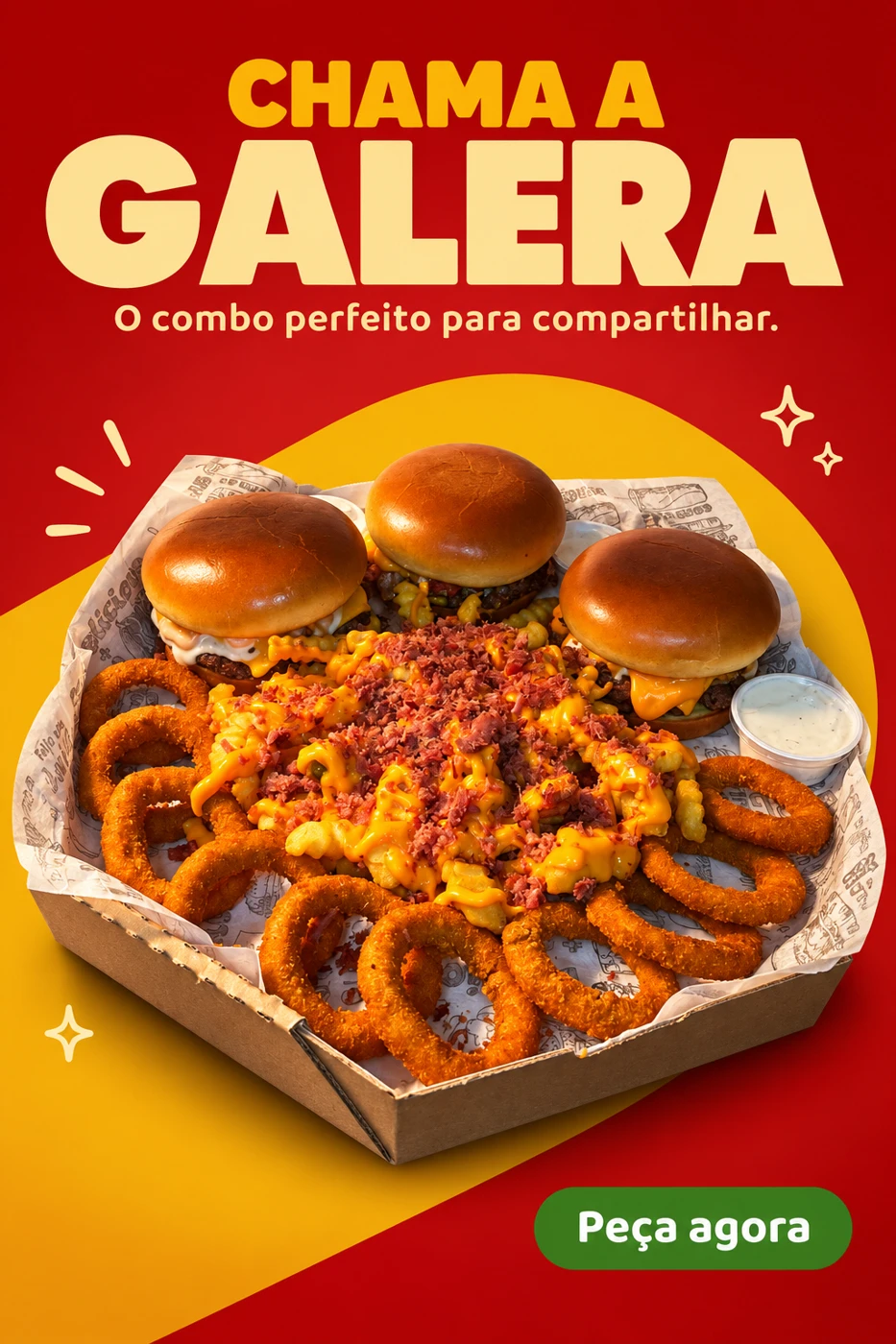 Caixa de lanches numa composição vermelha e amarela, com o título Chama a galera