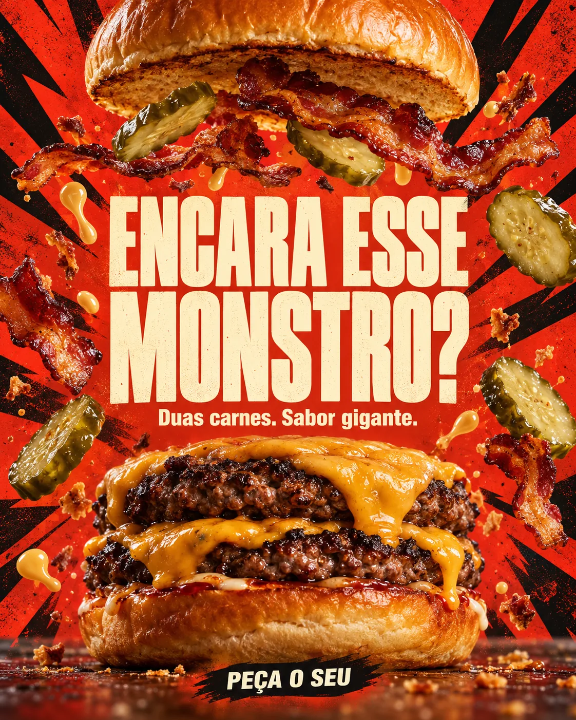 Encara esse monstro? Hambúrguer duplo com ingredientes flutuando sobre fundo vermelho